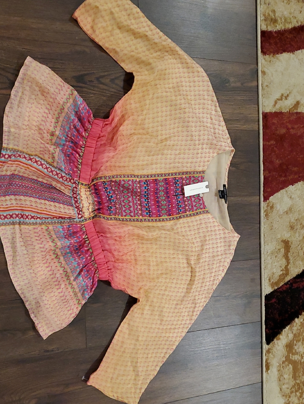 Anthropologie Peplum Tunic with Pink and Peach Ombre Embroidery Sz L